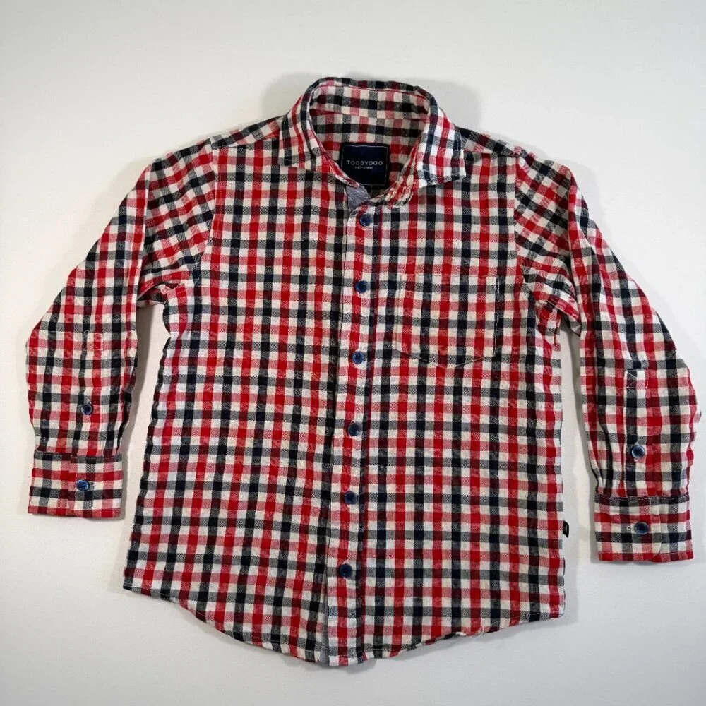 TOOBYDOO Cotton Plaid Button Down Red Blue Boys 5T